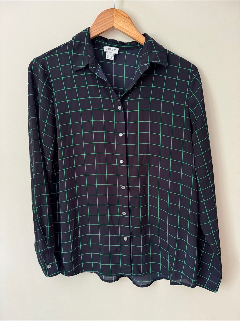 🟢 5/$25 J. Crew Factory Women's Printed Button-up Top Navy Blue Windowpane S